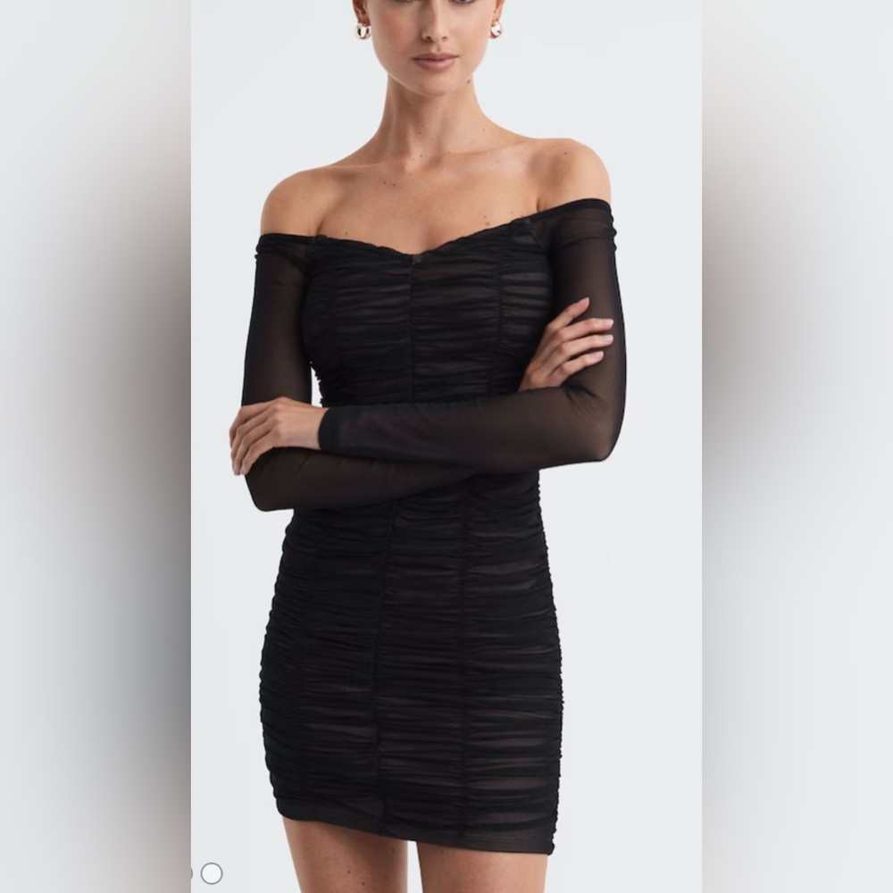 Good American Ruched Mesh Off-Shoulder Mini Dress, Black, Size M | SKU 0052